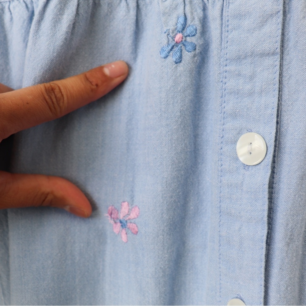 Vintage 90's Y2K Embroidered Cotton Chambray Denim Cottagecore Button Maxi Dress - Picture 8 of 9